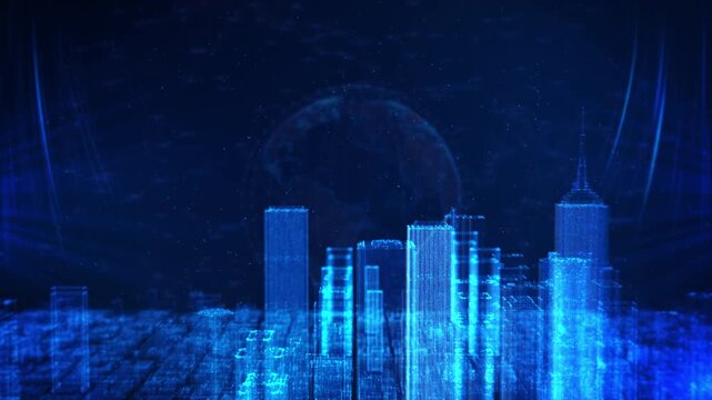 Data Streaming Over City Digital City, digital cyberspace particles data network connections concept. Global Digital City Network Planet Connection, smart city innovation, communication networks,