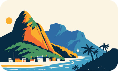 Obraz premium Rio de Janeiro Landscape Illustration with Sugarloaf Mountain, Beach and Coastal City Brazil Travel Scene
