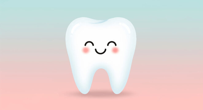 A cute smiling white molar tooth with pink rosy cheeks and a happy face character set against a soft pastel teal and pink gradient background, perfect for pediatric dentistry themes.