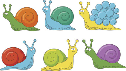 Cute snail characters set, colorful cartoon slugs with shells, funny animals vector illustration design © Sabina