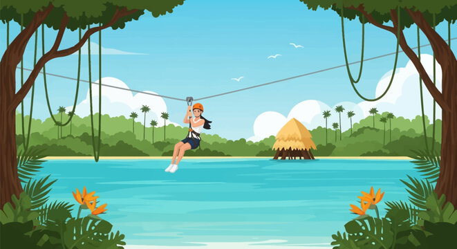 Vector illustration of a woman wearing a safety helmet and harness ziplining over a tropical lagoon surrounded by lush jungle trees, palm trees, and a thatched overwater hut.