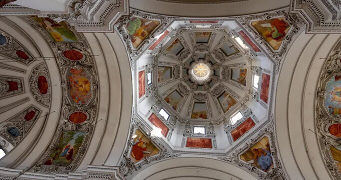 Ornate frescoed dome of the Salzburg Cathedral in Austria