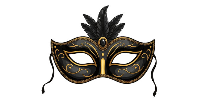 Vector illustration of a black and gold Venetian masquerade mask with intricate gold filigree patterns, black feathers on top, and side ribbons isolated on a white background.
