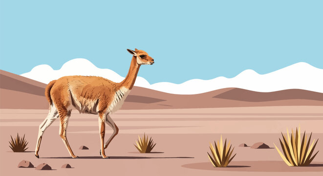 Vector illustration of a wild vicuna walking across the arid Atacama Desert landscape with sand dunes, sparse shrubs, and white volcanic mountains under a clear blue sky.