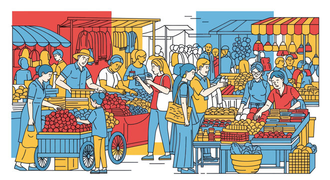People working at fruit market stalls.
