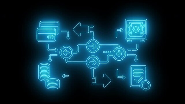 Glowing blue flowchart diagram with various icons on a black background, illustrating a process or system with a futuristic and technological mood.