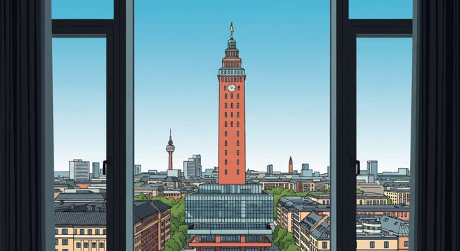 Vector illustration of the Nikolaj Kunsthal tower and Copenhagen city skyline viewed through an open window frame, featuring the historic red brick clock tower and urban scenery.