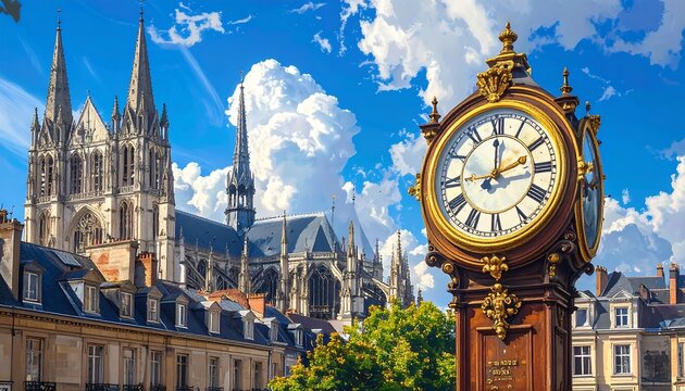 A large clock stands in front of a gothic cathedral