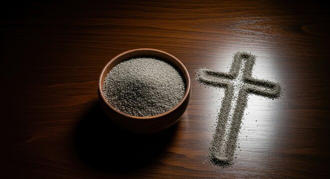 Ash Wednesday Observance - Ashes and Cross on Wooden Table.