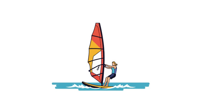 Flat vector illustration of a windsurfer with a colorful red and orange sail gliding across blue ocean water waves, isolated on a white background for graphic design.