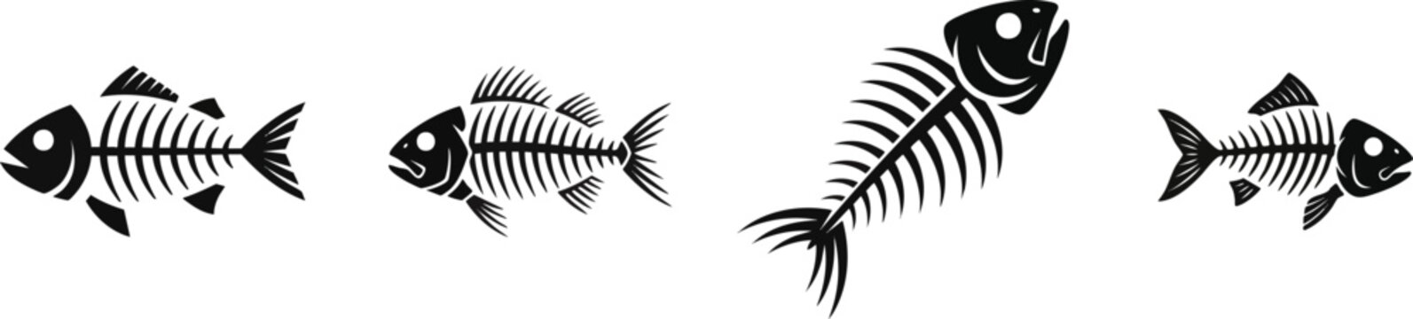 a collection of black fish skeleton vector art on a white background

