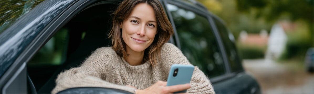 Woman in a Car: A woman leans comfortably in her car, holding a smartphone and glancing at the camera, exuding a sense of modern ease and connectedness.