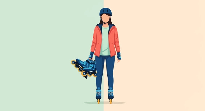 Full body vector illustration of a woman in an orange jacket and blue helmet wearing inline skates and holding another pair of blue rollerblades against a split colored background.