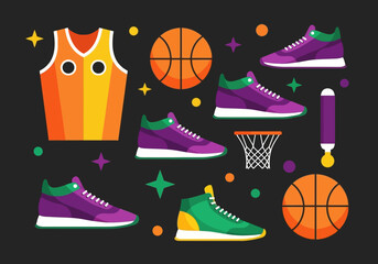 Basketball Lifestyle Icon Set with Sneakers, Jersey, and Balls in Flat Vector Style © Anna