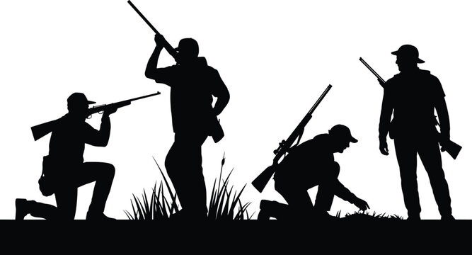 Silhouette hunters with rifles in outdoor hunting stances, teamwork in nature, kneeling aiming crouching standing poses with vegetation background