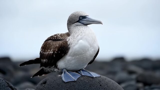 Blue footed booby bird resting on dark volcanic rock with speckled brown and white plumage and distinctive blue feet on a cloudy overcast day at eye level