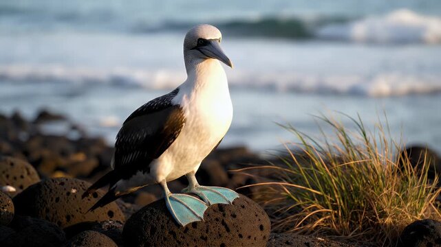 Close Up Of Blue Footed Booby Bird Standing On Volcanic Rock Near Ocean With Gentle Waves During Golden Hour Sunlight