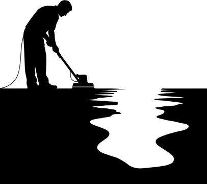 Silhouette of a professional cleaner using an industrial floor buffer machine on a shiny surface
