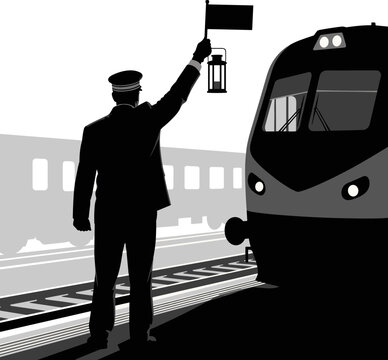 Silhouette of a Railway Station Master Signaling a Modern Train with Flag and Lantern on the Platform