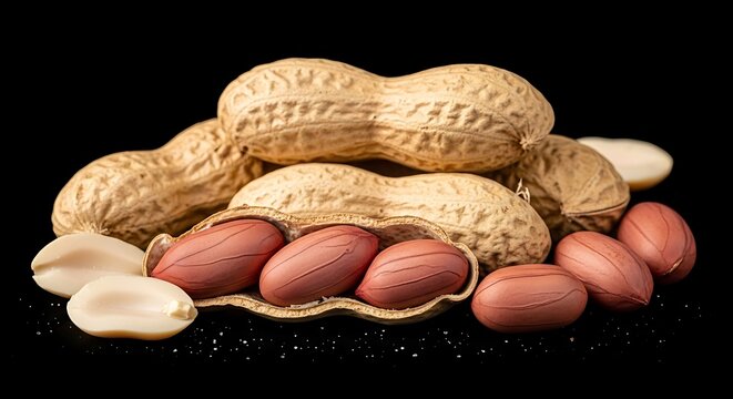 Group of raw peanuts, some in shell, on black background, detail