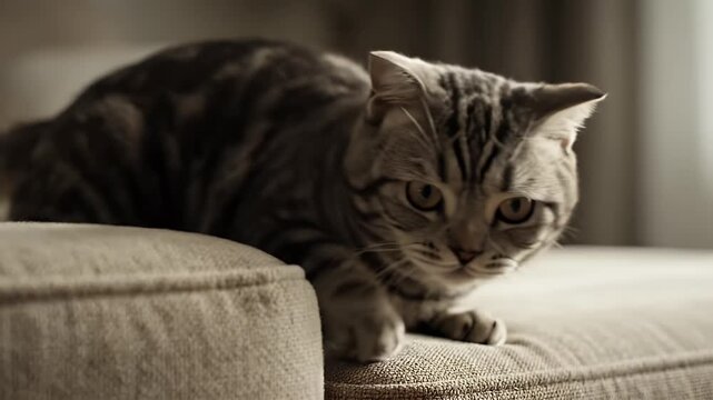 Close up portrait of a tabby cat with big eyes lying on a sofa in soft natural light evoking a calm and cozy domestic atmosphere