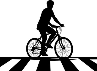 Obraz premium Silhouette of a male cyclist riding a bicycle across a pedestrian zebra crossing, urban commuting and healthy lifestyle concept