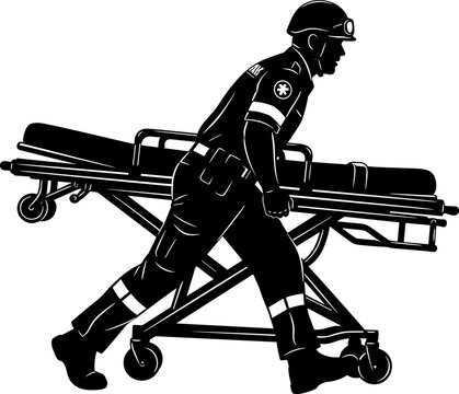 Paramedic or First Responder Silhouette Pushing an Empty Medical Stretcher Gurney for Emergency Rescue