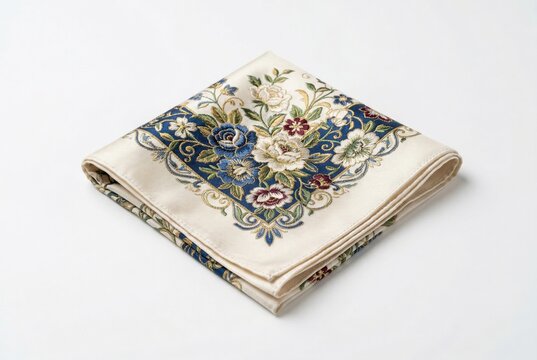 Folded silk handkerchief with floral embroidery on white
