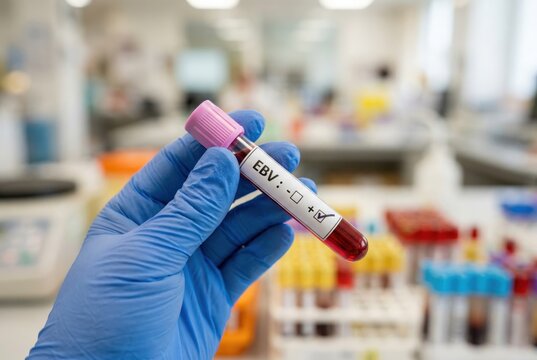 Medical worker holding an EBV blood sample tube in a modern lab