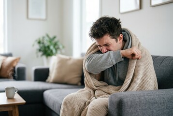 Fototapeta premium Vulnerable young man wrapped in blanket sneezing into elbow on sofa