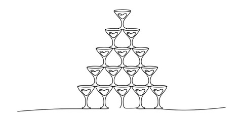 A minimalist single line drawing of a pyramid made of stacked champagne glasses for celebration Vector, illustration © DCB Line Stocker