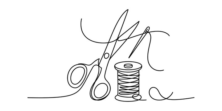 Minimalist continuous line drawing of sewing tools including scissors needle and thread spool Vector, illustration