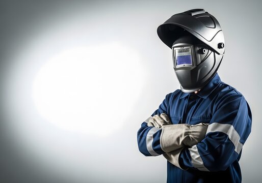 Cinematic portrait of an industrial welding technician in protective gear standing confidently with arms crossed Subject positioned using rule of thirds on one side Minimal neutral background with lar