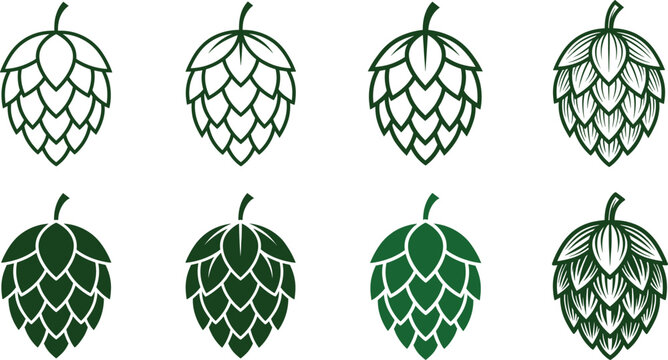 Hop cone silhouettes collection, beer brewing ingredient icons, detailed botanical vector set for craft beer, brewery branding, agriculture, organic products and beverage design use