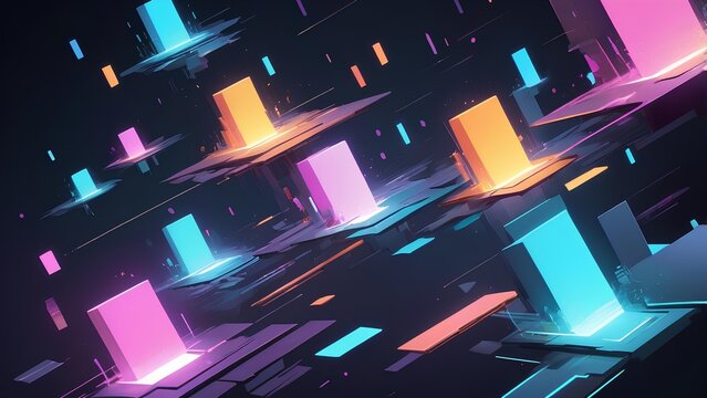 Digital Network Grid Abstracted With Glowing Rectangular Structures and Geometric Patterns