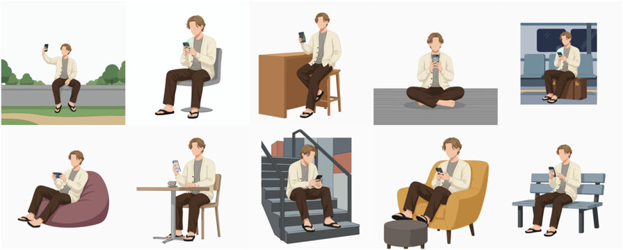 Illustration of Young Man Using Mobile Phone in Various Place Scenarios