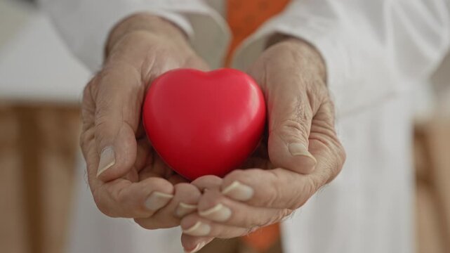 Senior doctor in white coat with stethoscope holds red heart in cupped hands inside building; compassion care healing.