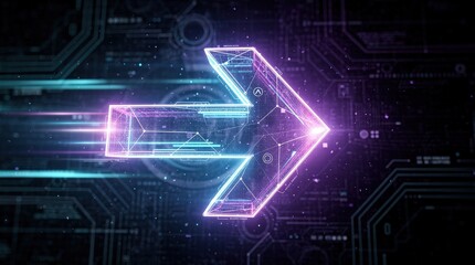 Naklejka premium A futuristic, glowing arrow made of digital lines and particles, symbolizing direction and speed in a tech-inspired background.