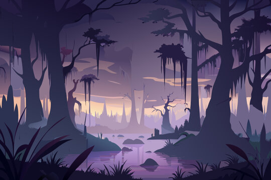 Eerie swamp landscape with ancient trees, moss, and still water for atmospheric backgrounds and spooky themes