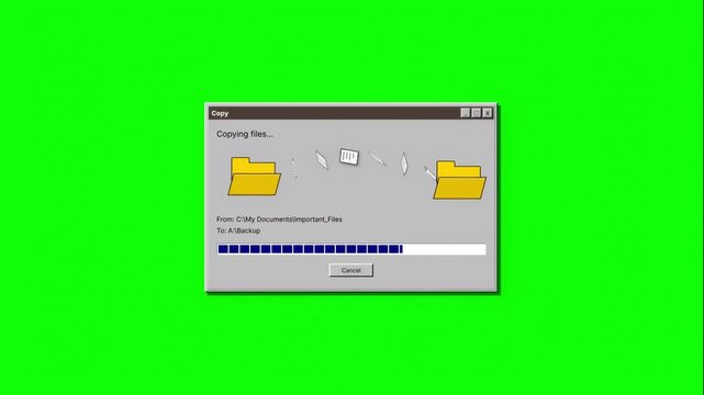 File transfer progress bar in a window on a green screen background, visualizing data copying operation