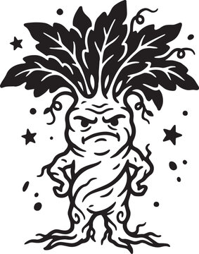 Grumpy Anthropomorphic Mandrake Root Cartoon Illustration