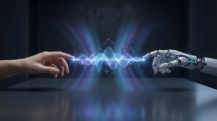 Obraz premium Human and Artificial Intelligence Connection with Digital Wave Communication. Human hand touching robotic hand with glowing blue circuit, futuristic technology, innovation concept.