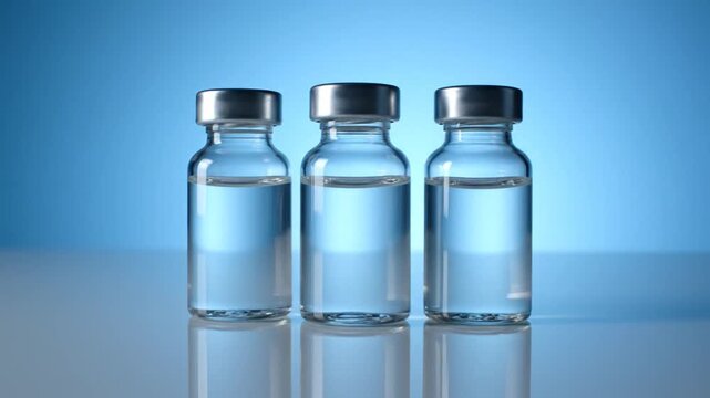 Vaccine vials with medical liquid, and clear glass.