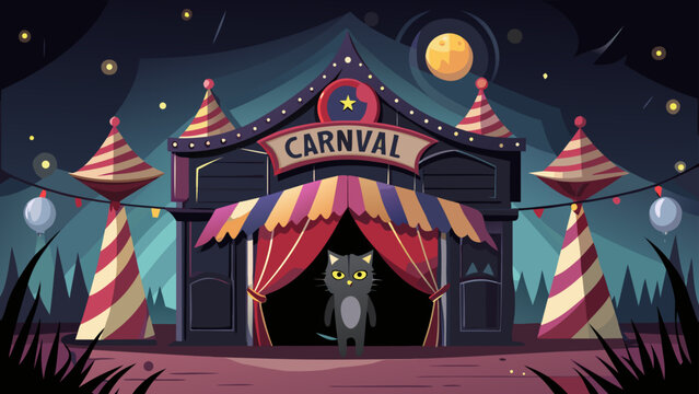Enter the magical carnival with curious cat under moonlight in a fun, whimsical night scene