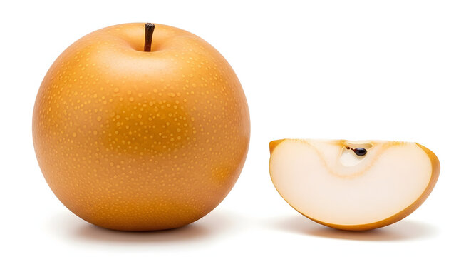 Large round golden-brown Korean pear Bae, whole and sliced, isolated on a bright white background. Crisp autumn fruit