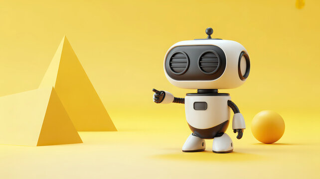 White robot standing beside yellow sphere and pyramid shapes