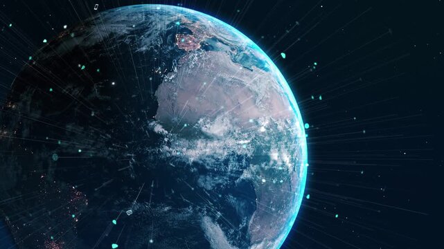 Digital world map data points network connections around Earth. Globalization, connectivity, technology, cyberspace, communication, virtual World map. technology, innovation networks Digital metaverse