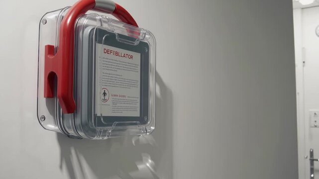 Hospital Defibrillator Location. Medical Equipment Positioned For Cardiac Emergencies In Hospital Corridor. Stationary Defibrillator Installed On Hospital Wall Close To Doorway With Signage