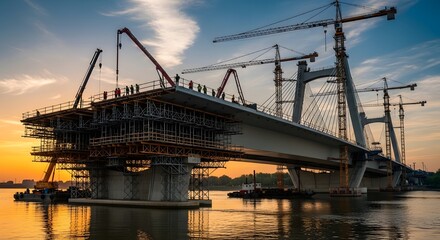 Fototapeta premium A large bridge under construction over a body of water at sunset with cranes