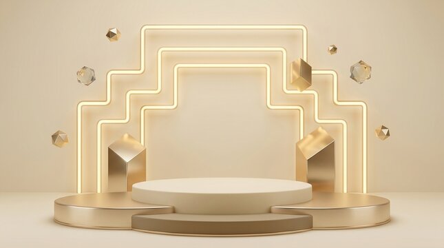 Luxury gold 3D product display podium with neon light arch and floating geometric shapes on beige background